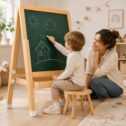 Kind nutzt Montessori Staffelei aus Holz beim kreativen Malen mit Eltern
