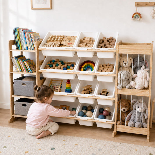 Kinder Spielzeugregal aus Holz in Frontansicht mit 4 Ebenen und Aufbewahrungsboxen
