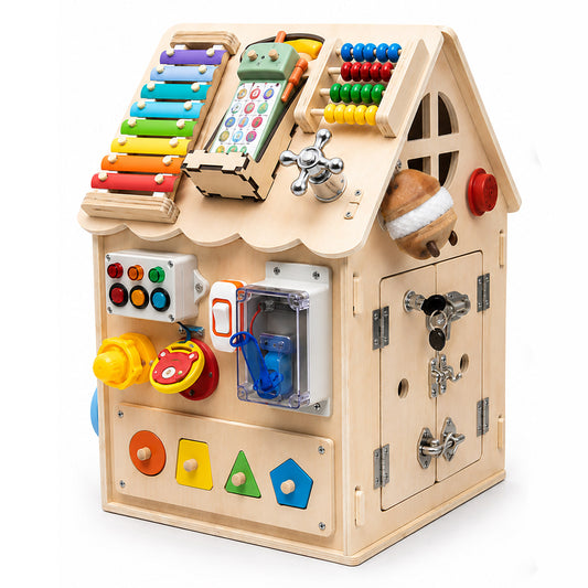 Montessori Busy House wooden activity toy with multiple sensory play features for toddlers