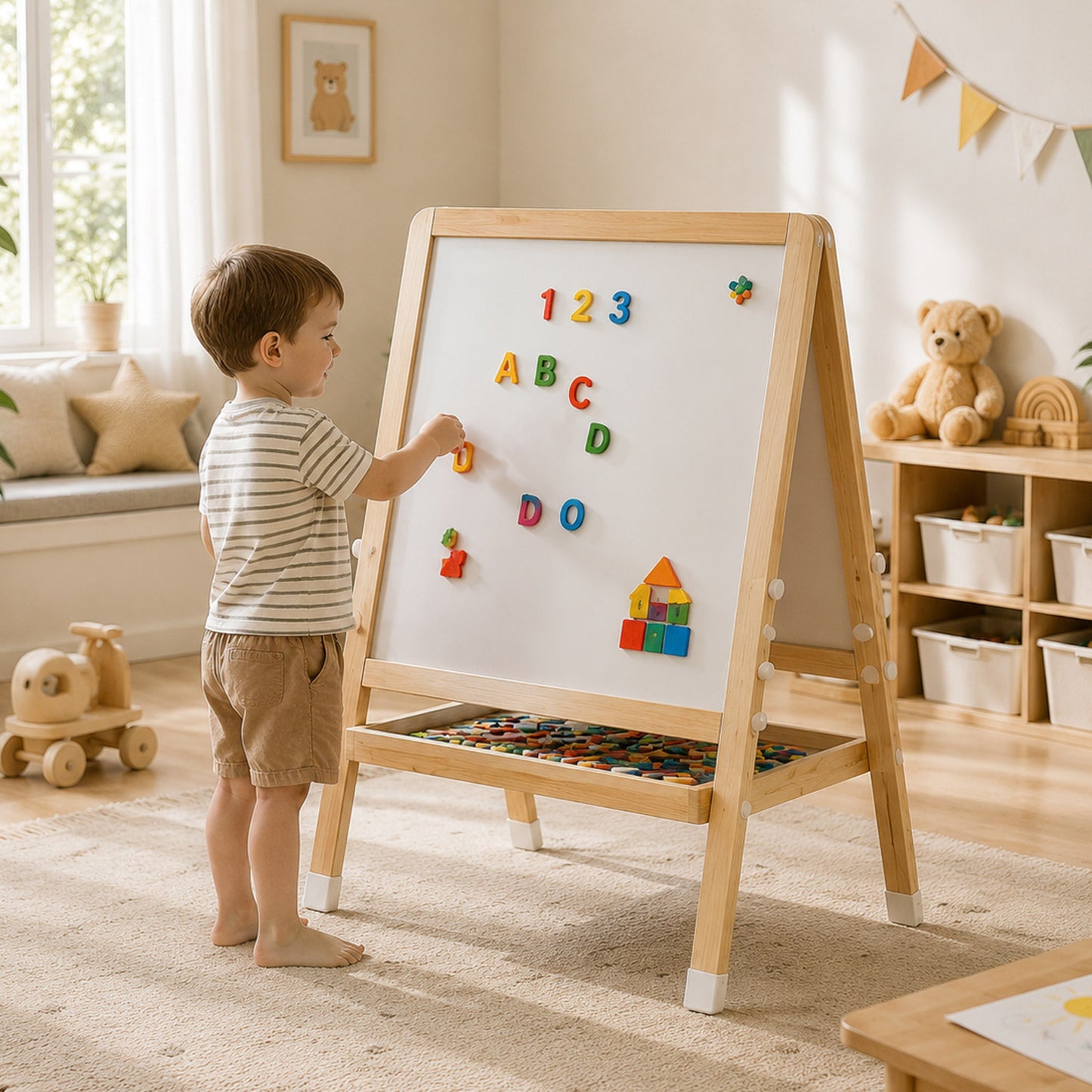 Kind nutzt die Montessori Kinderstaffelei mit magnetischer Weißwand zum Lernen und Spielen