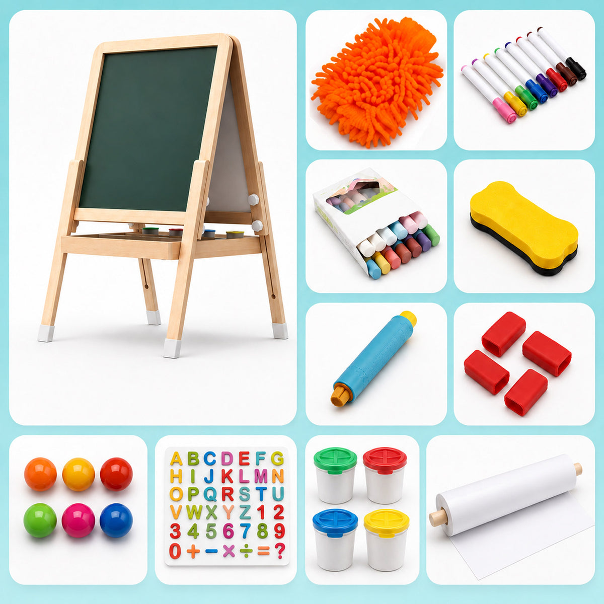 Zubehör für Montessori Kinderstaffelei mit Kreide, Magneten und Malutensilien