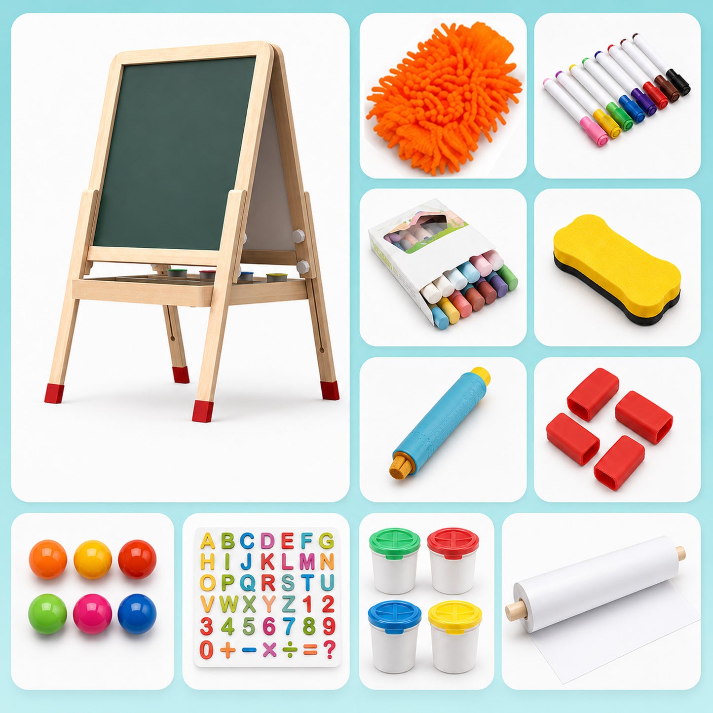 Zubehör für Montessori Kinderstaffelei mit Kreide, Magneten und Malutensilien