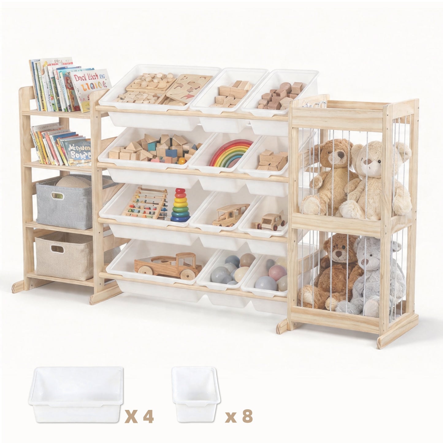 Montessori Spielzeugregal aus Holz mit Boxen, B¨¹cherablage und Netzfach