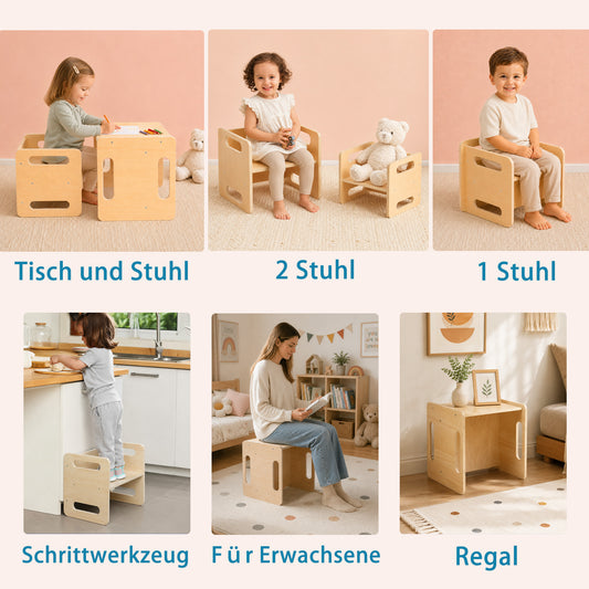 3-in-1 Montessori Kindertisch mit Stuhl aus Bambus
