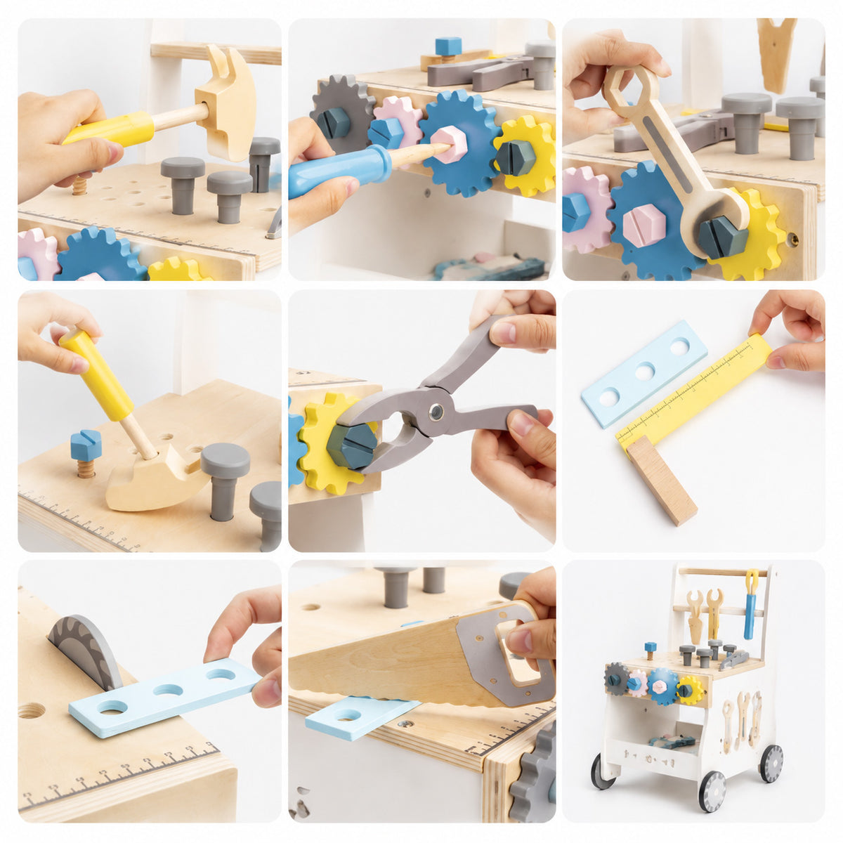 Montessori Lauflernwagen Holz mit Werkbank & Werkzeug