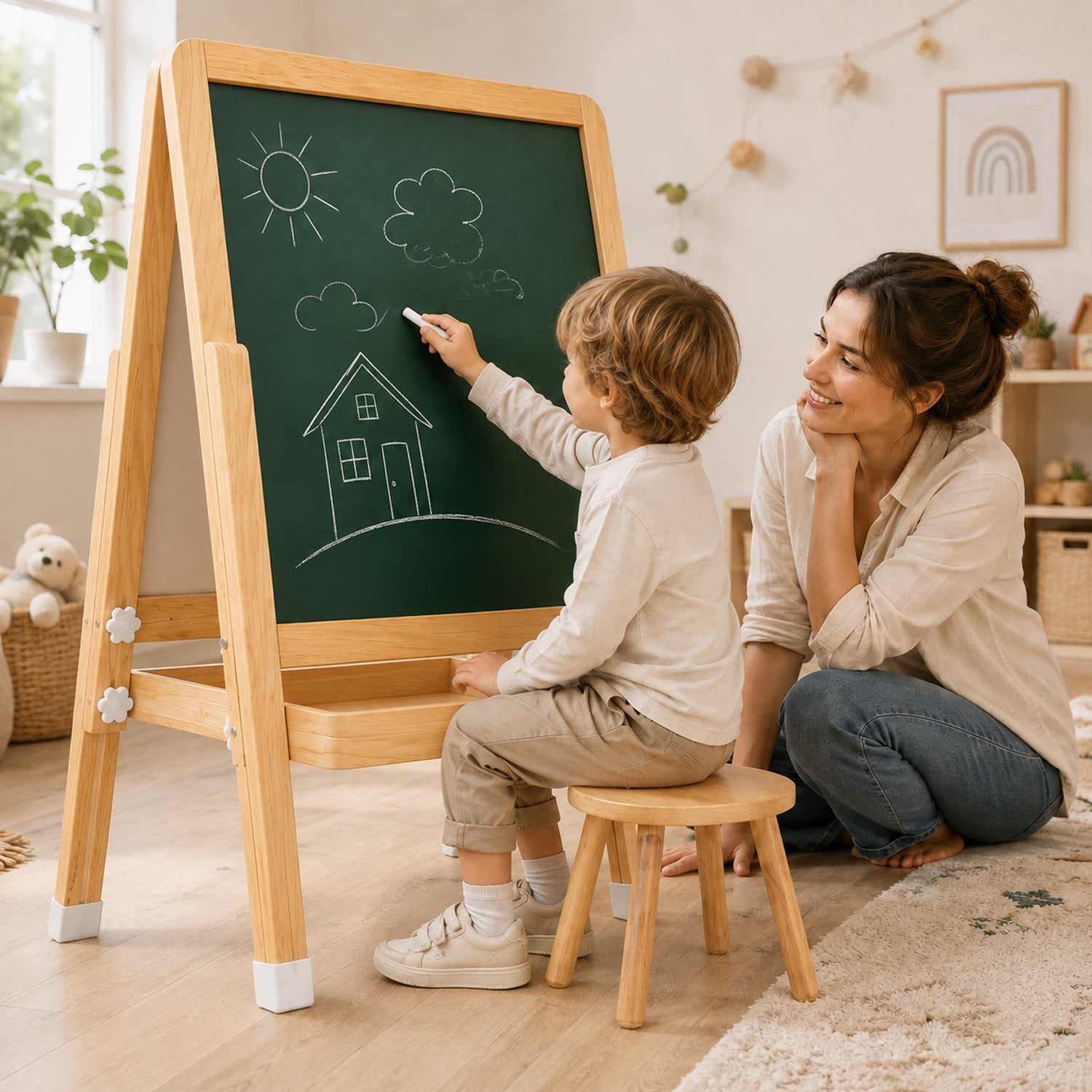 Kind nutzt Montessori Staffelei aus Holz beim kreativen Malen mit Eltern