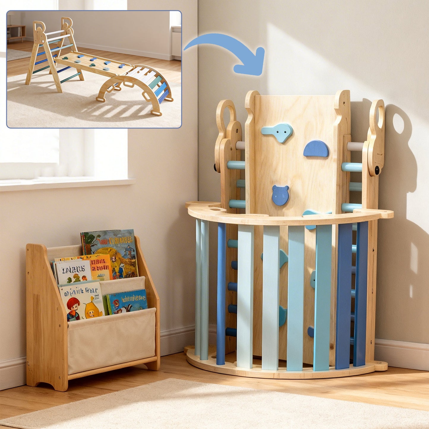 Montessori Kletterset Holz – Klappbares Dreieck & Bogenrampe