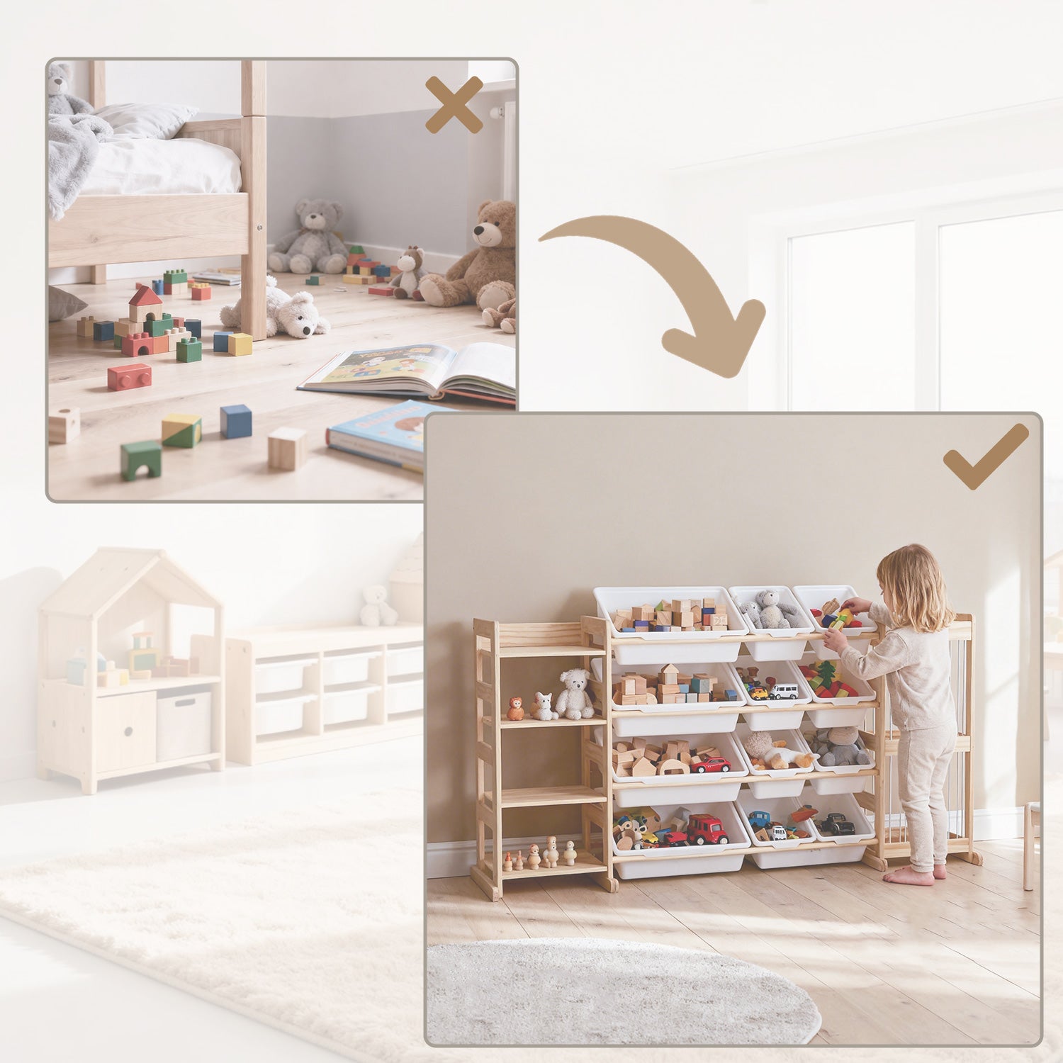 Holz Spielzeugregal f¨¹r Kinderzimmer in seitlicher Perspektive