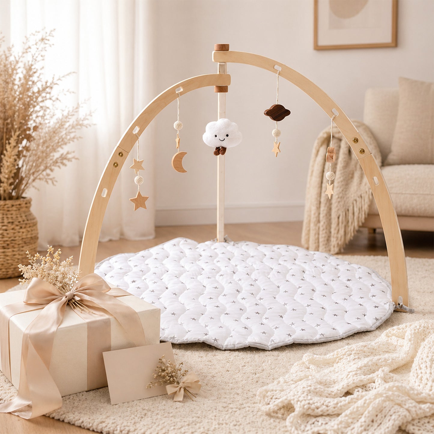 Træ babygym med legetæppe – med 5 vedhæng
