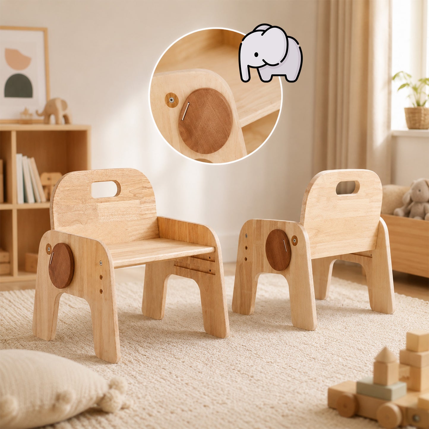 Kinderstuhl aus Holz mit abgerundeten Kanten, Griffloch und rutschhemmenden Fußpads