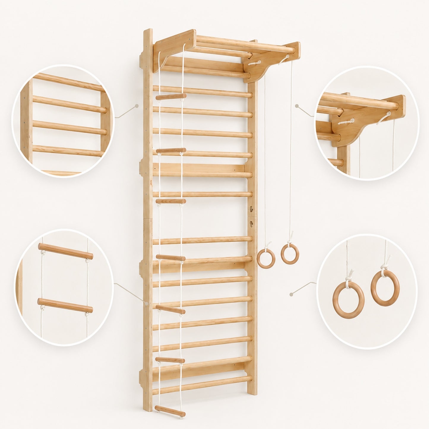 Detailansicht der Holz Kletterwand mit Turnringen, Leiter und Griffstangen