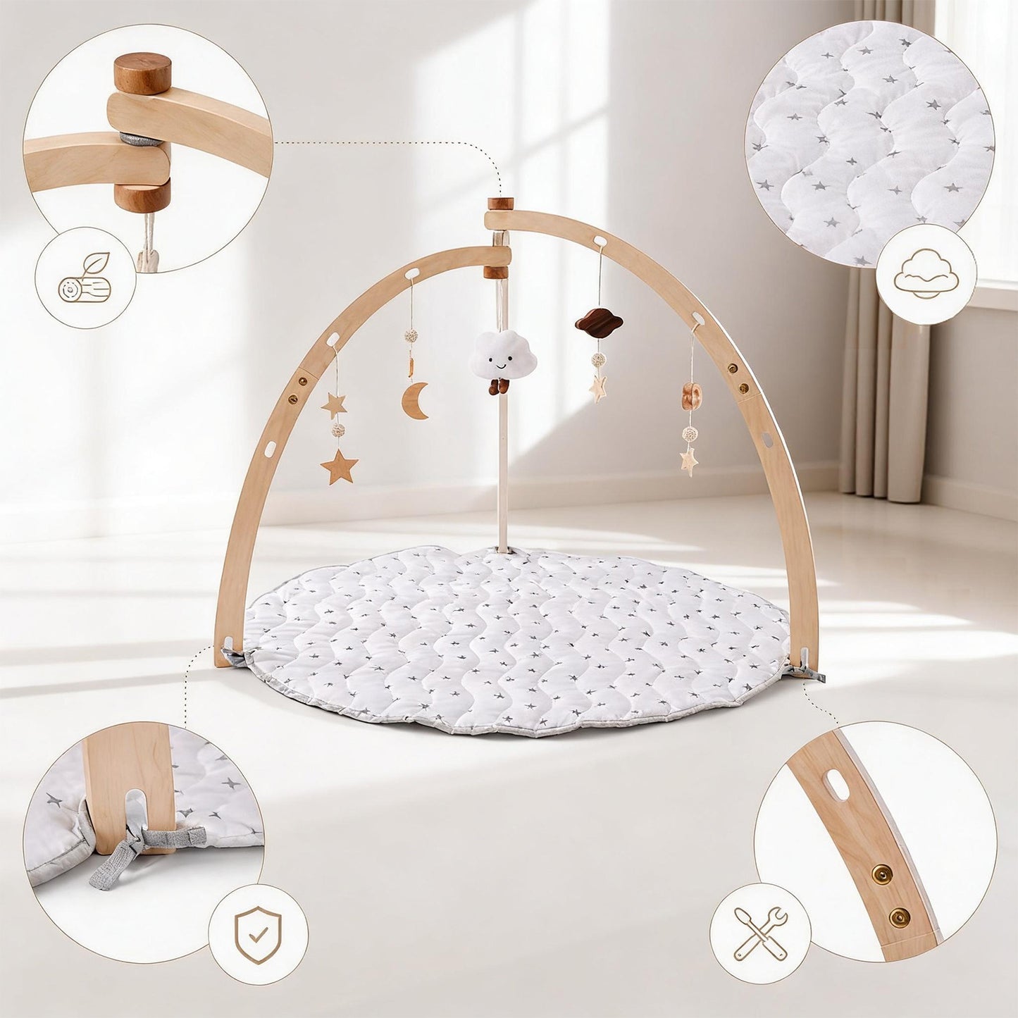 Træ babygym med legetæppe – med 5 vedhæng