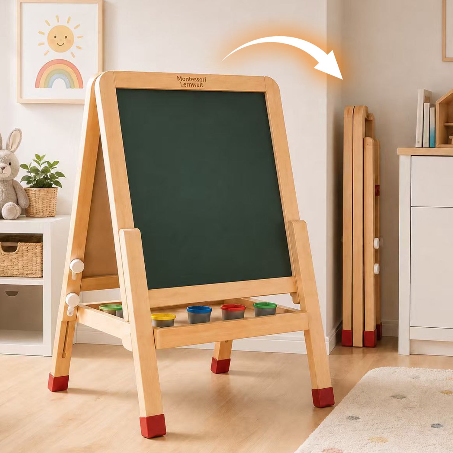 Zusammenklappbare Montessori Kinder Staffelei aus Holz für kleine Räume