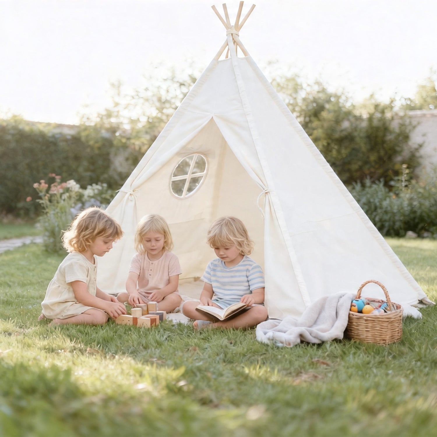 Beiges Kinderzelt mit praktischen Innentaschen f¨¹r B¨¹cher und Spielzeug