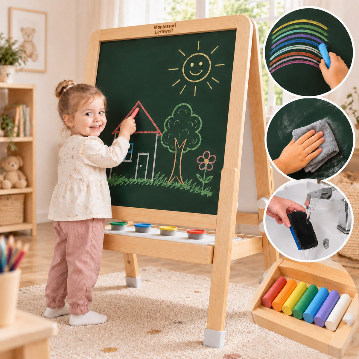 Kinder Staffelei mit Kreidetafel und Whiteboard einfach reinigen
