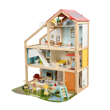 Houten poppenhuis open – 2 verdiepingen met meubels