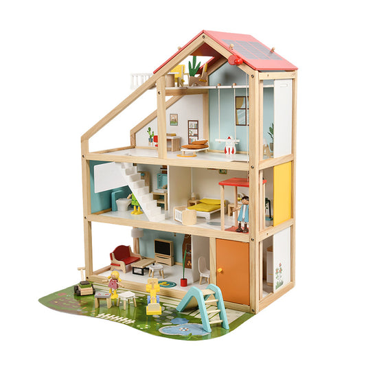 Open wooden dollhouse – 2 floors with furniture