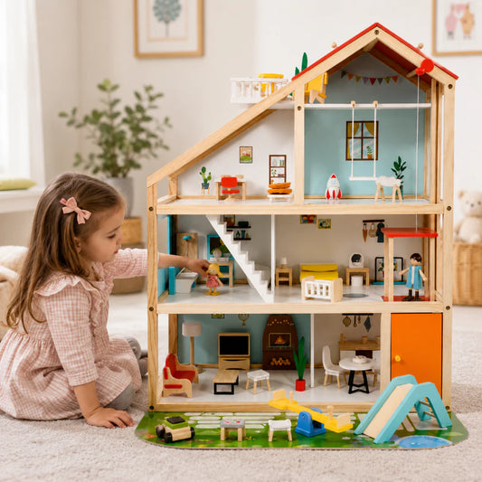 Open wooden dollhouse – 2 floors with furniture