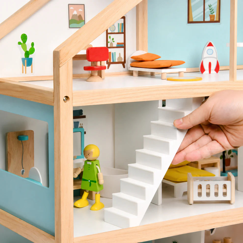 Houten poppenhuis open – 2 verdiepingen met meubels
