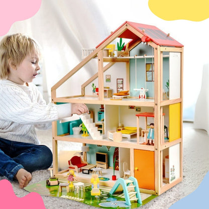 Houten poppenhuis open – 2 verdiepingen met meubels