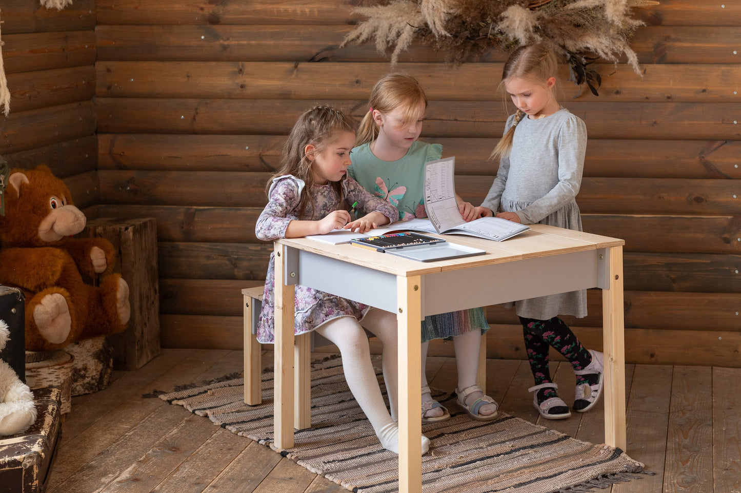 Montessori Children's Table with Storage & Stool – Wooden Desk Set for Kids