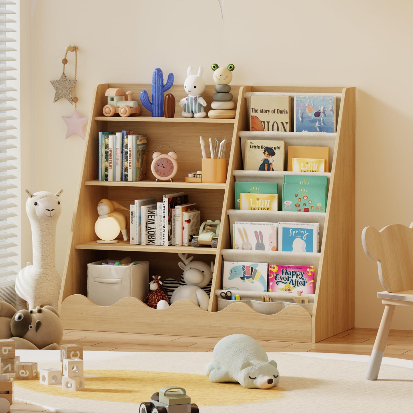 Montessori Bücherregal für Kinder – 4 Etagen Holzregal mit Stofffächern