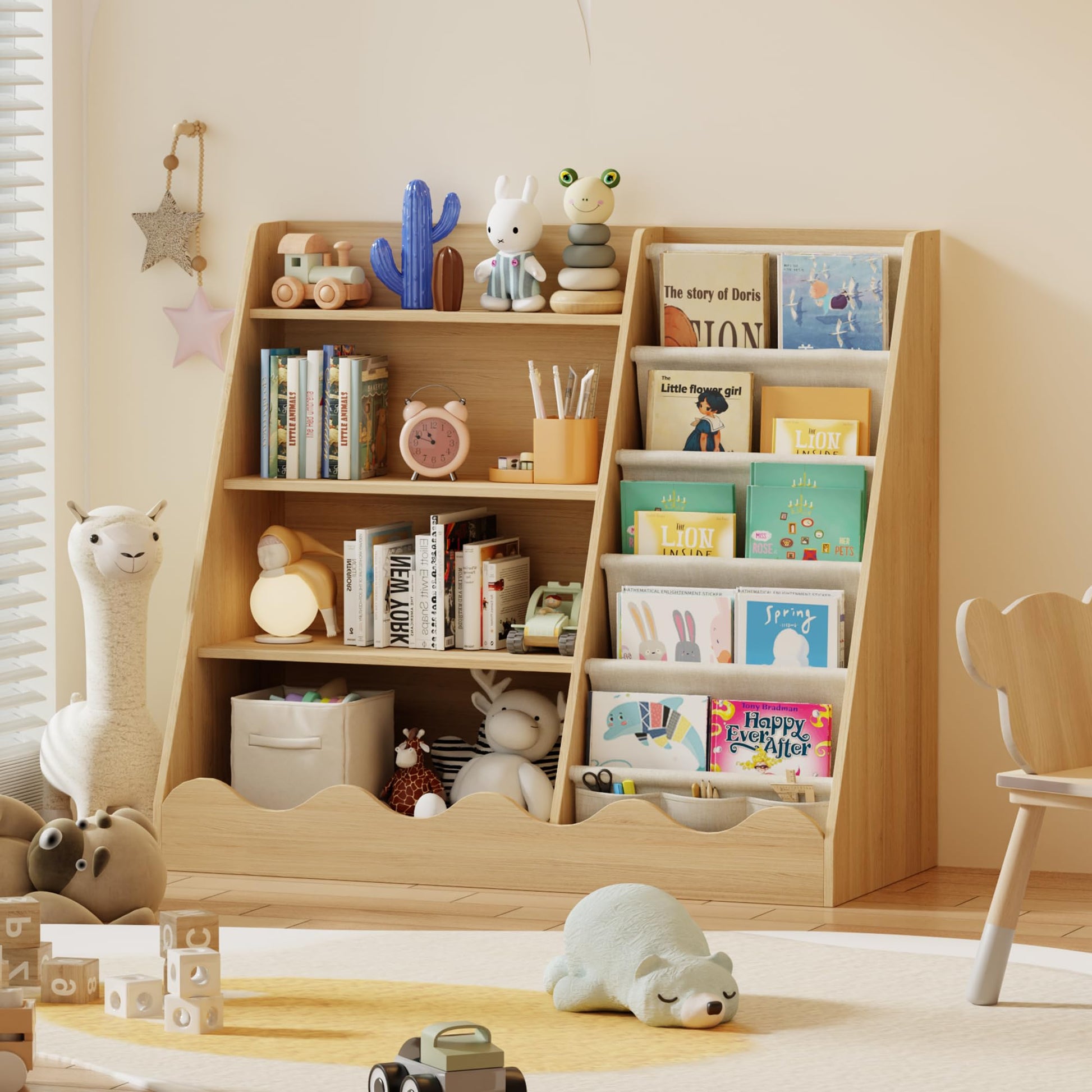 Montessori Bücherregal für Kinder – 4 Etagen Holzregal mit Stofffächern