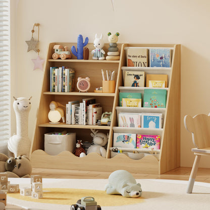 Montessori Bücherregal für Kinder – 4 Etagen Holzregal mit Stofffächern