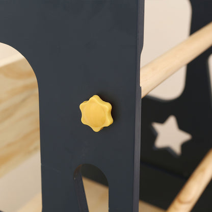 Montessori Lernturm für Kleinkinder mit Stern-Ausschnitten in Grau und Naturholz, verstellbarer Plattform und Sicherheitsgeländern