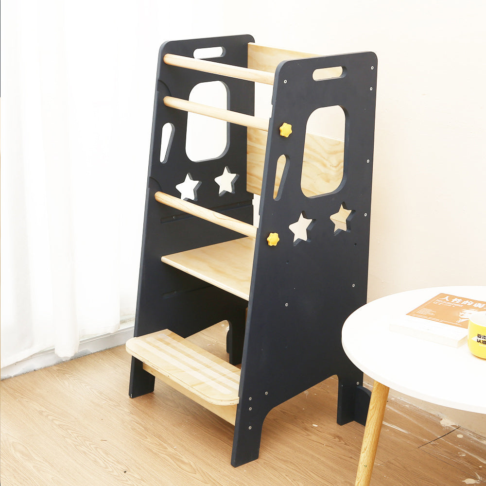 Montessori Lernturm für Kleinkinder mit Stern-Ausschnitten in Grau und Naturholz, verstellbarer Plattform und Sicherheitsgeländern