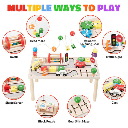 Montessori Wooden Play Table – Motor Skills Busy Board & Marble Run