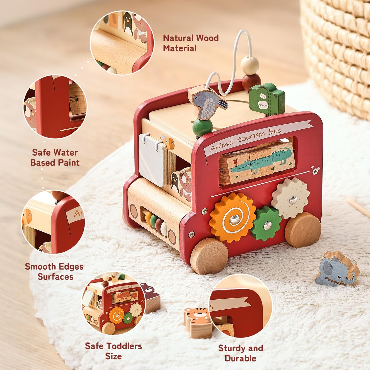 Montessori 8-in-1 Busy Bus – Aktivitätswürfel aus Holz - Rot