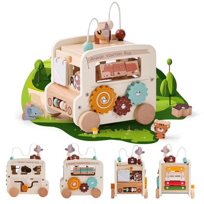 Bus d'activités Montessori 8-en-1 – Cube d'activités en bois - Beige