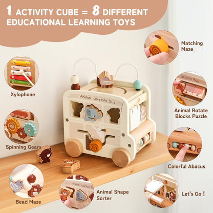Bus d'activités Montessori 8-en-1 – Cube d'activités en bois - Beige
