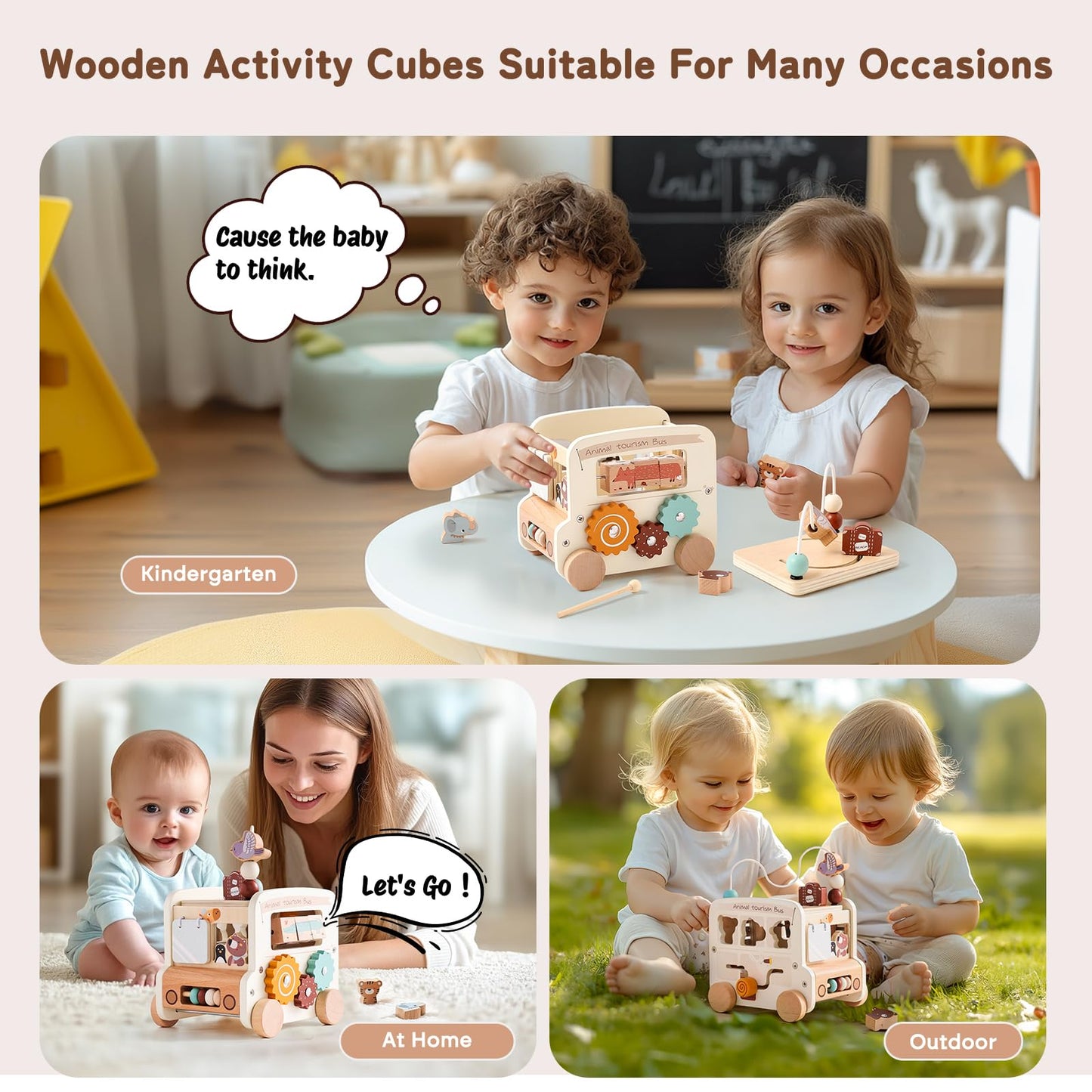 Bus d'activités Montessori 8-en-1 – Cube d'activités en bois - Beige