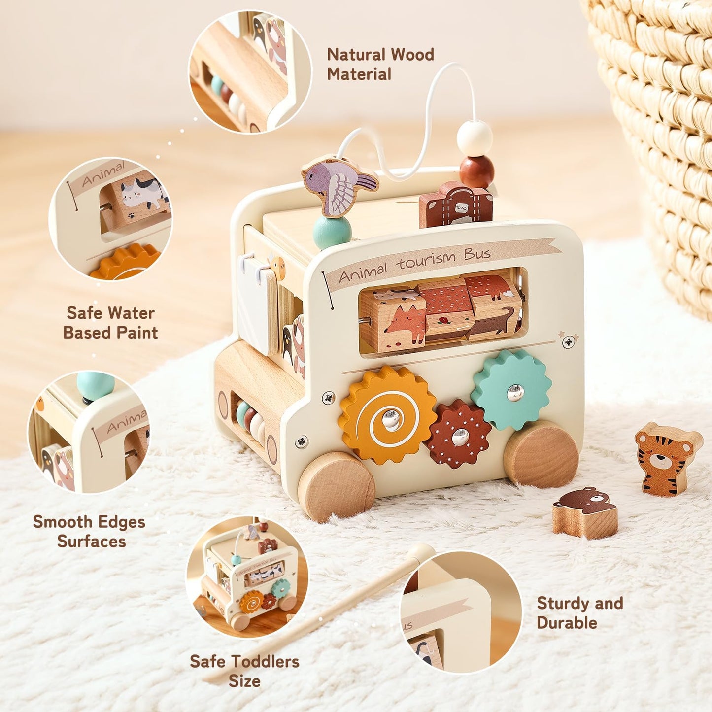 Bus d'activités Montessori 8-en-1 – Cube d'activités en bois - Beige