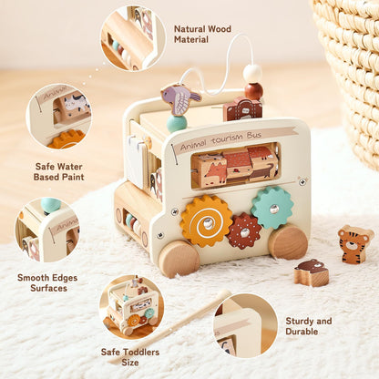 Bus d'activités Montessori 8-en-1 – Cube d'activités en bois - Beige