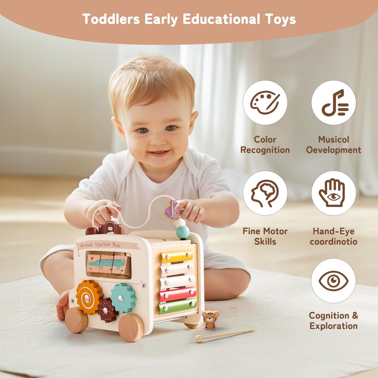 Bus d'activités Montessori 8-en-1 – Cube d'activités en bois - Beige