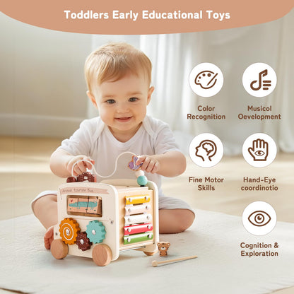 Bus d'activités Montessori 8-en-1 – Cube d'activités en bois - Beige