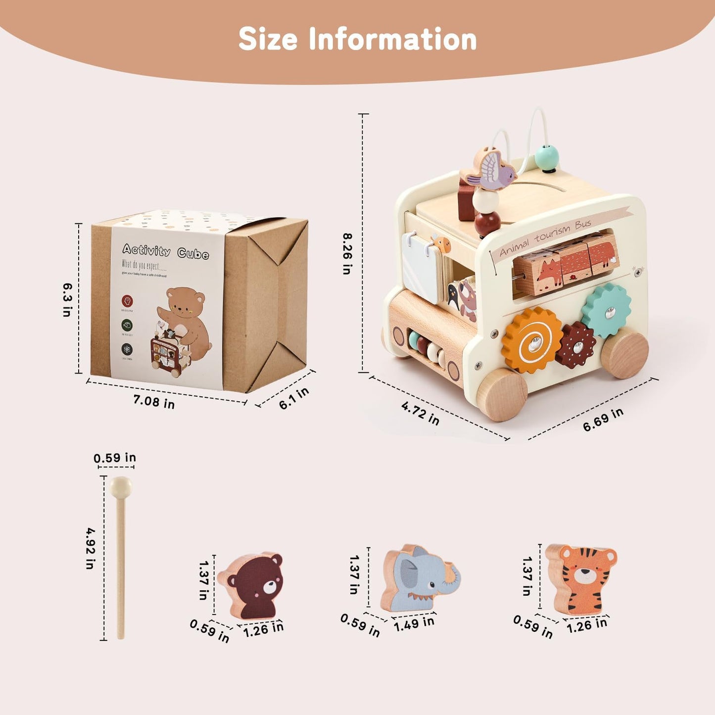 Bus d'activités Montessori 8-en-1 – Cube d'activités en bois - Beige