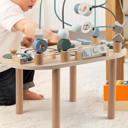 Holz Spieltisch für Kleinkinder im Montessori Design mit vielen Spielstationen