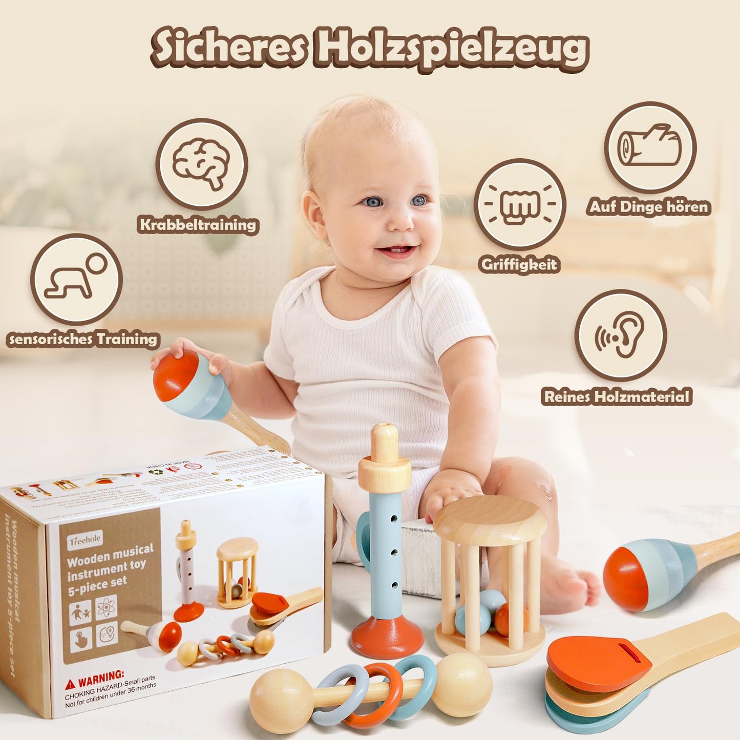 Montessori Musikinstrumente Holz-Set (5-tlg.) – Sensorik