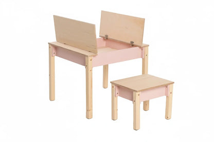 Montessori Kindertisch mit Stauraum & Hocker – Holz Schreibtisch Set für Kinder