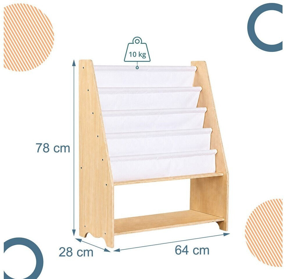 Maße vom Kinder Bücherregal aus Holz mit Stofftaschen