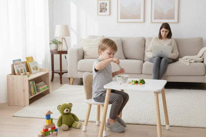 Kind bastelt am Holz Kindertisch