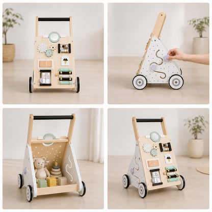 Eltern-Kind-Interaktion mit Montessori Lauflernwagen und Motorikspielzeug