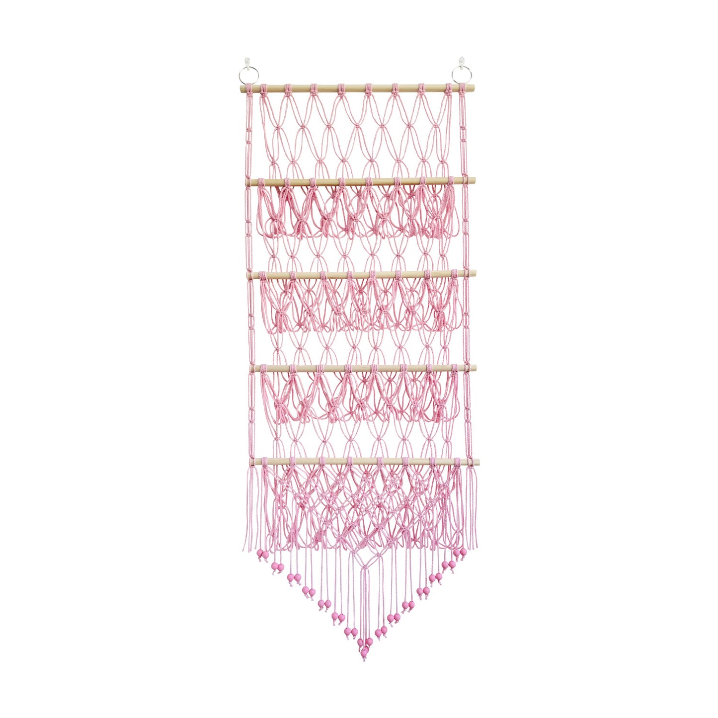 Makramee Wand-Organizer für Spielzeug, 4 Ebenen, 52×130 cm, Variante Regenbogen – handgeknüpft aus Baumwollseil mit Kiefernholzstäben