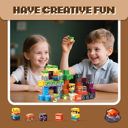 Kinder spielen mit Magnetwürfeln und bauen fantasievolle Abenteuerlandschaften
