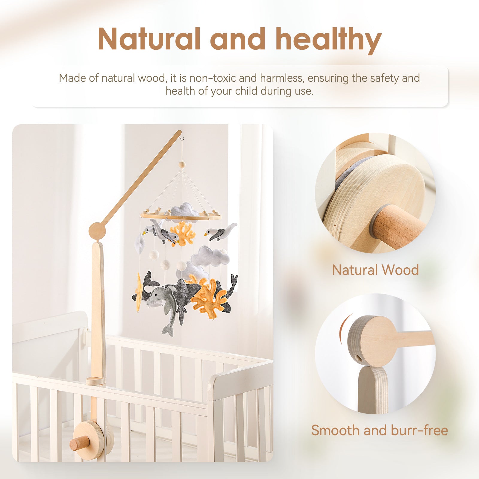 Mobile Halterung aus Buchenholz für Babybett in Natur, Gesamtansicht
