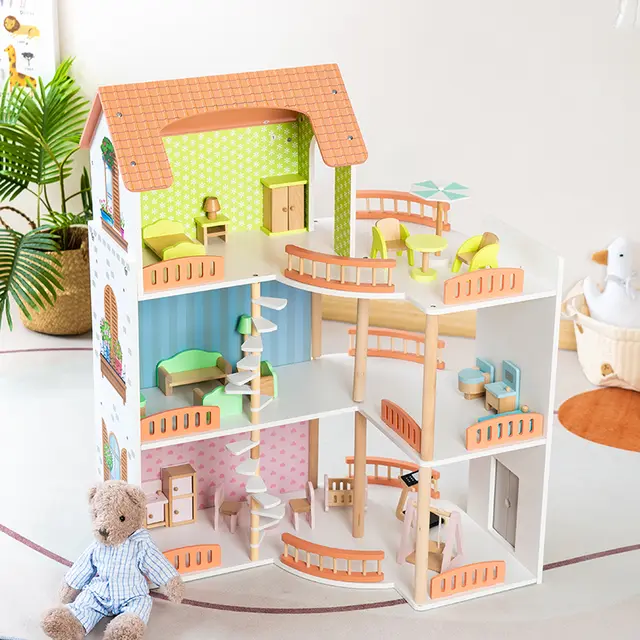 Großes Puppenhaus Holz – Offenes Spielhaus mit Balkon & 3 Etagen